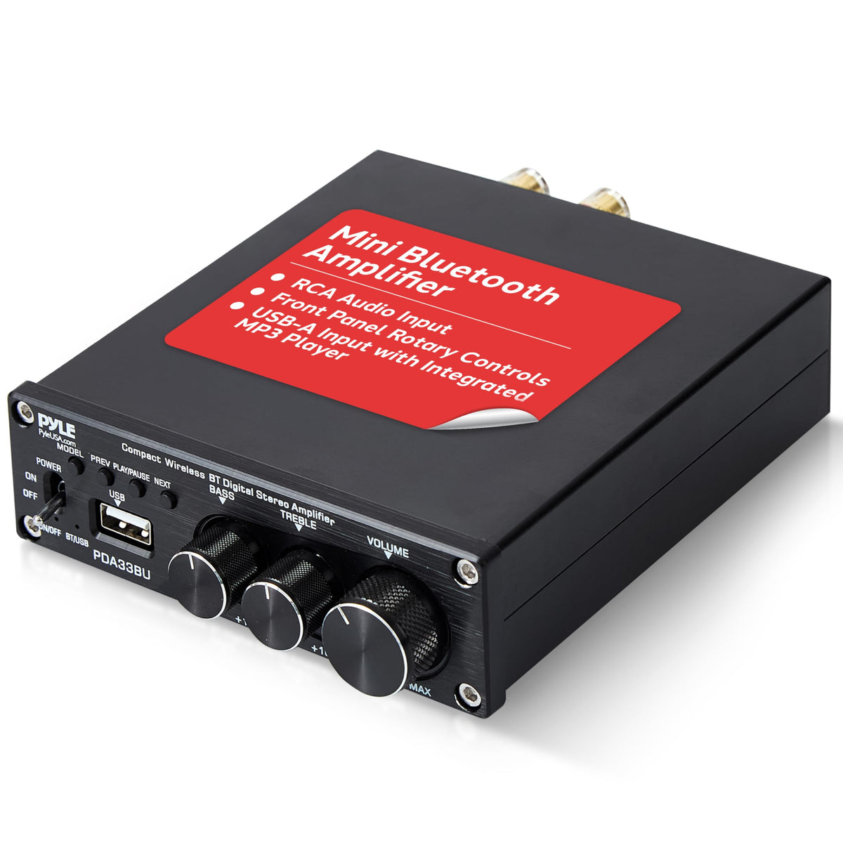 Pyle 2.1 CH amplifier front view highlights compact design and clear sound for small spaces.