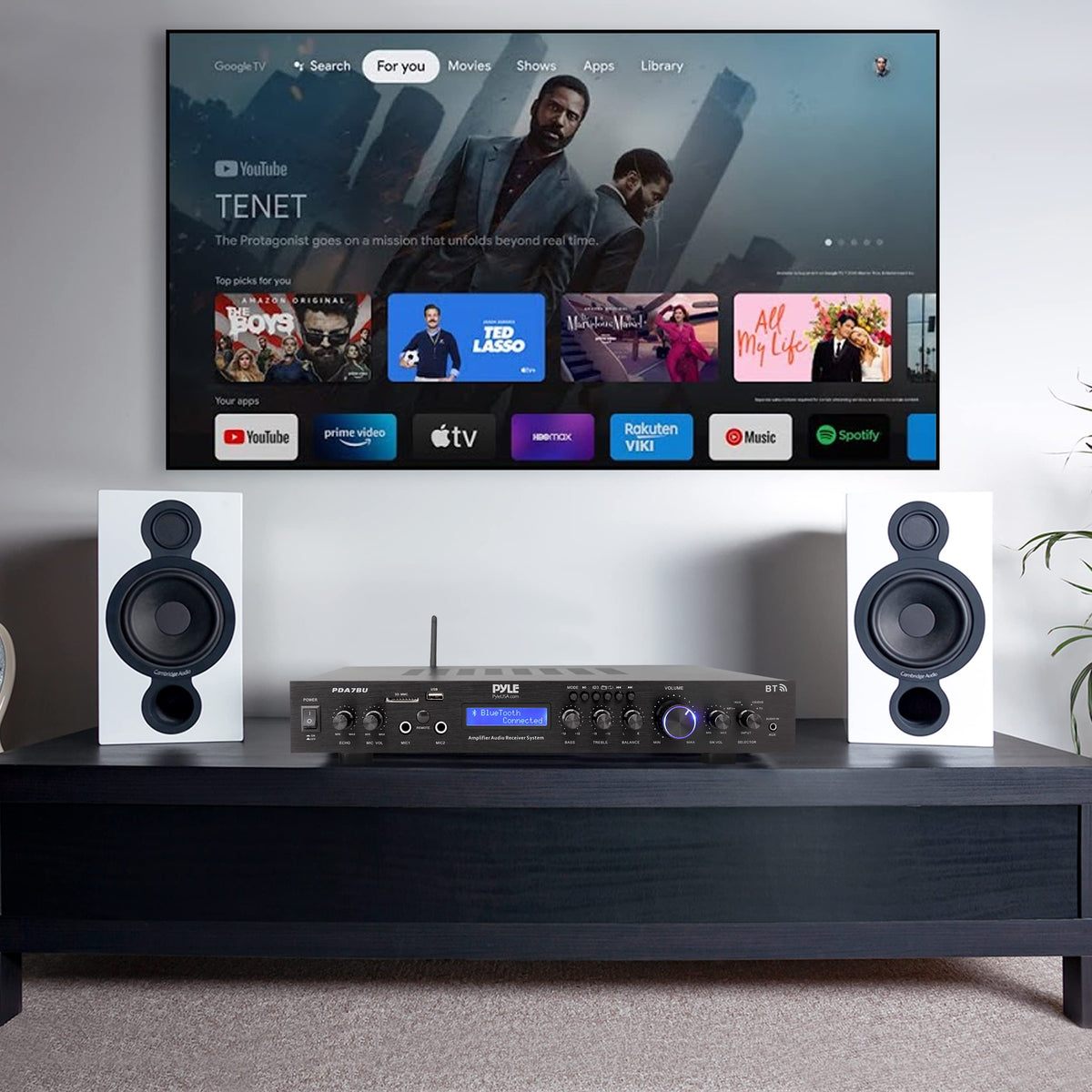 Pyle 2.1-channel design powering room-wide stereo for home theater.