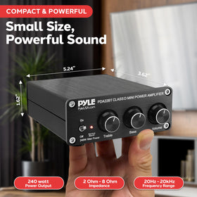 Pyle 240W mini amplifier bass and treble dials enable tailored tone for any room.