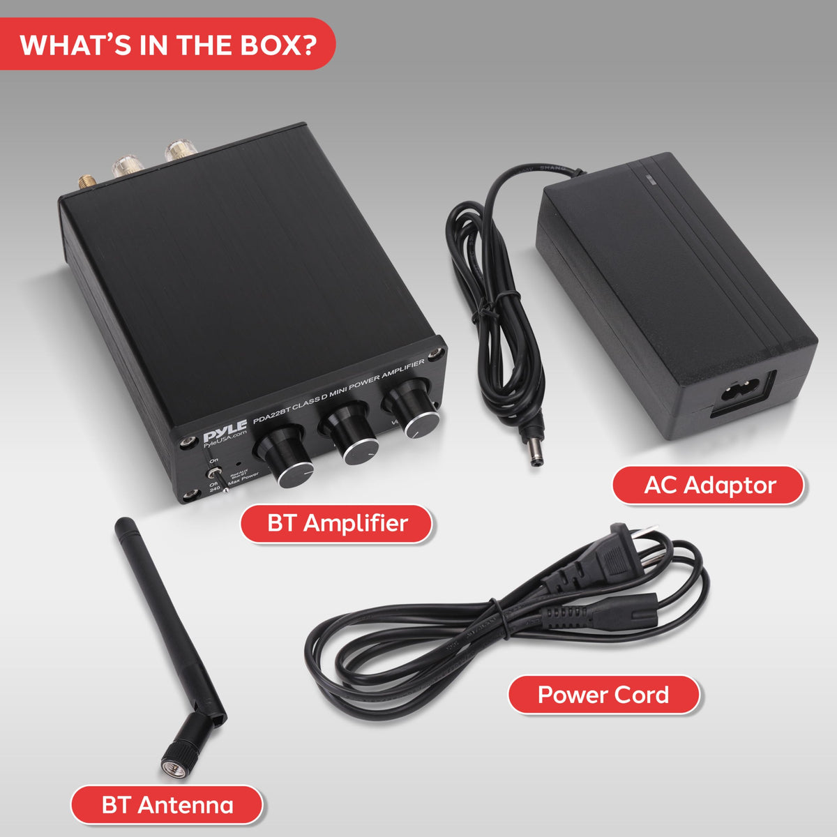 Pyle 240W mini amplifier with included power supply and antenna for quick setup.