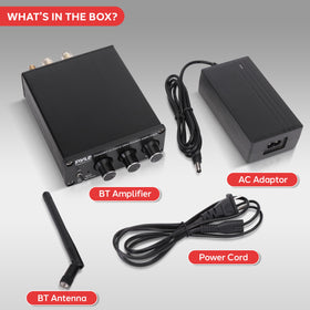 Pyle 240W mini amplifier with included power supply and antenna for quick setup.