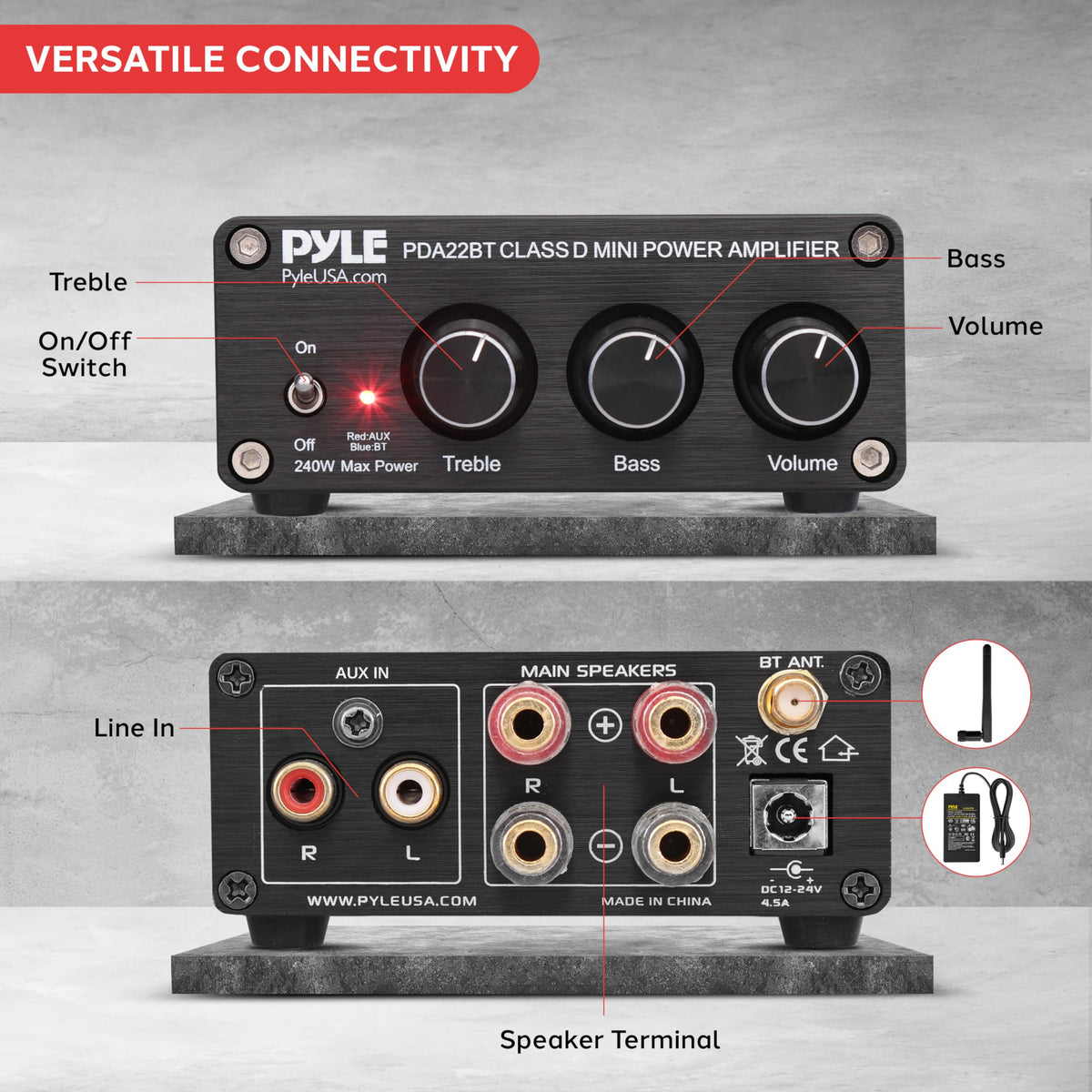 Pyle 240W mini amplifier desktop setup with compact footprint and loud output.