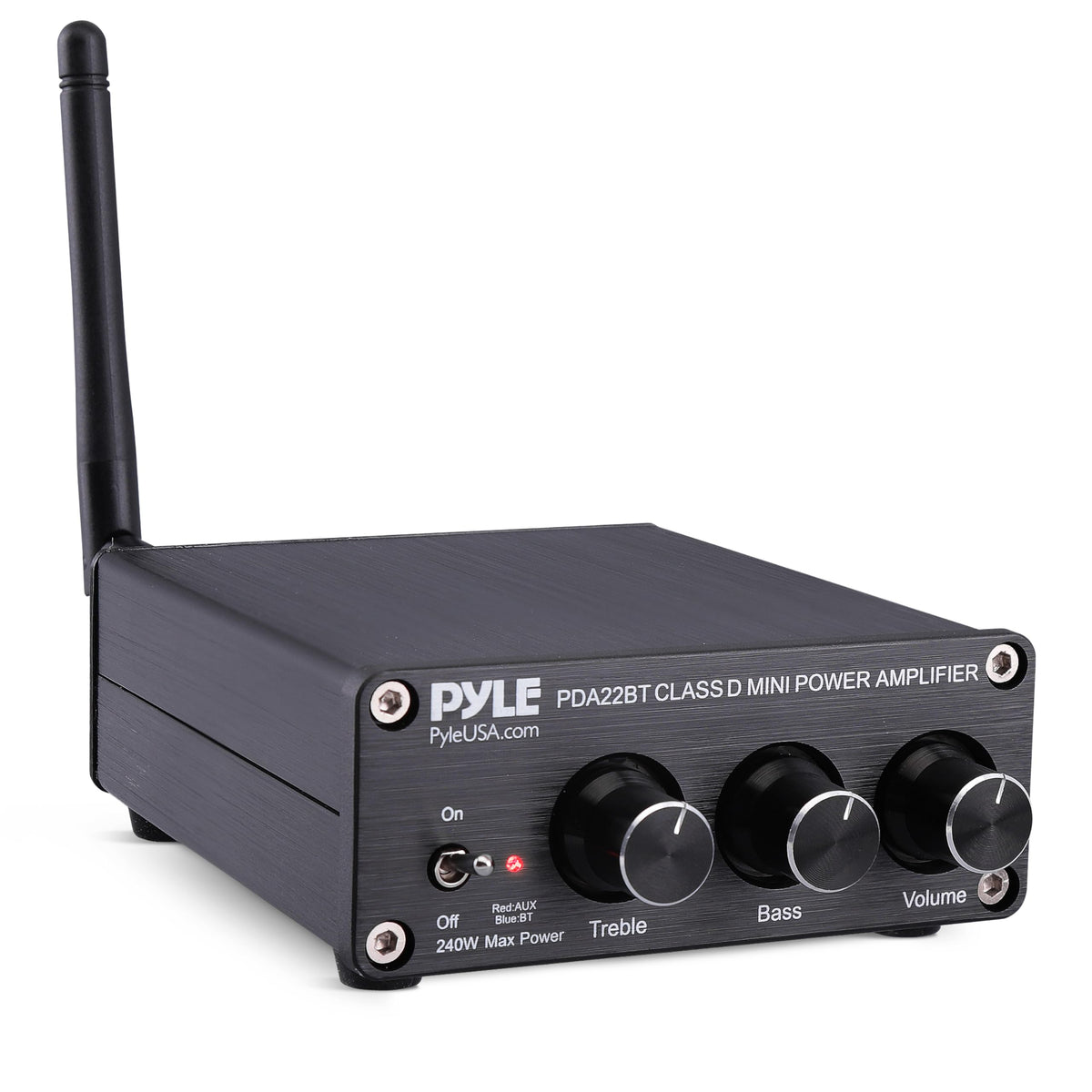 Pyle 240W mini amplifier front view shows control dials for custom tuning.