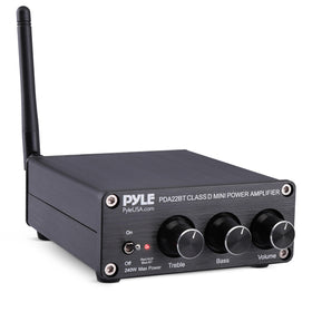 Pyle 240W mini amplifier front view shows control dials for custom tuning.