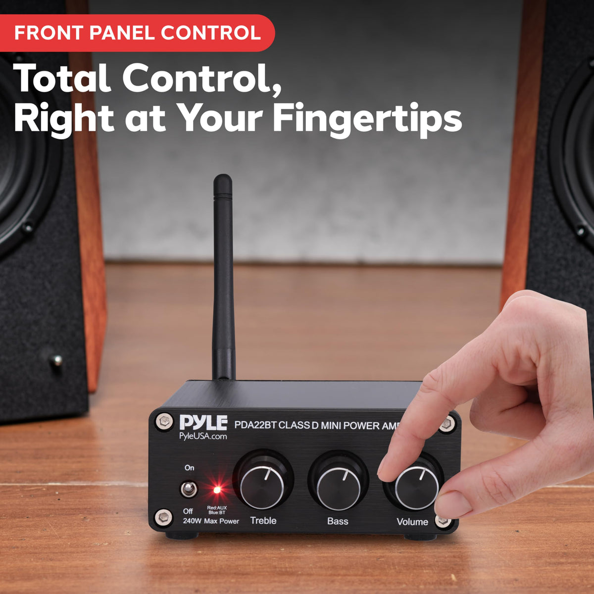Pyle 240W mini amplifier RCA input ready for turntables and CD players.