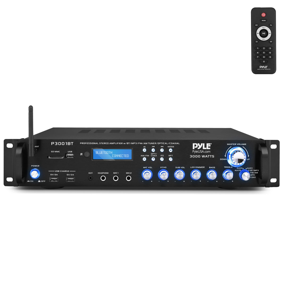 Pyle 3000W amplifier front panel controls for quick setup and source changes.