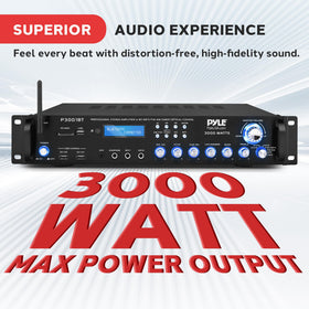 Pyle 3000W amplifier rear connectors enable versatile speaker and sub connections.