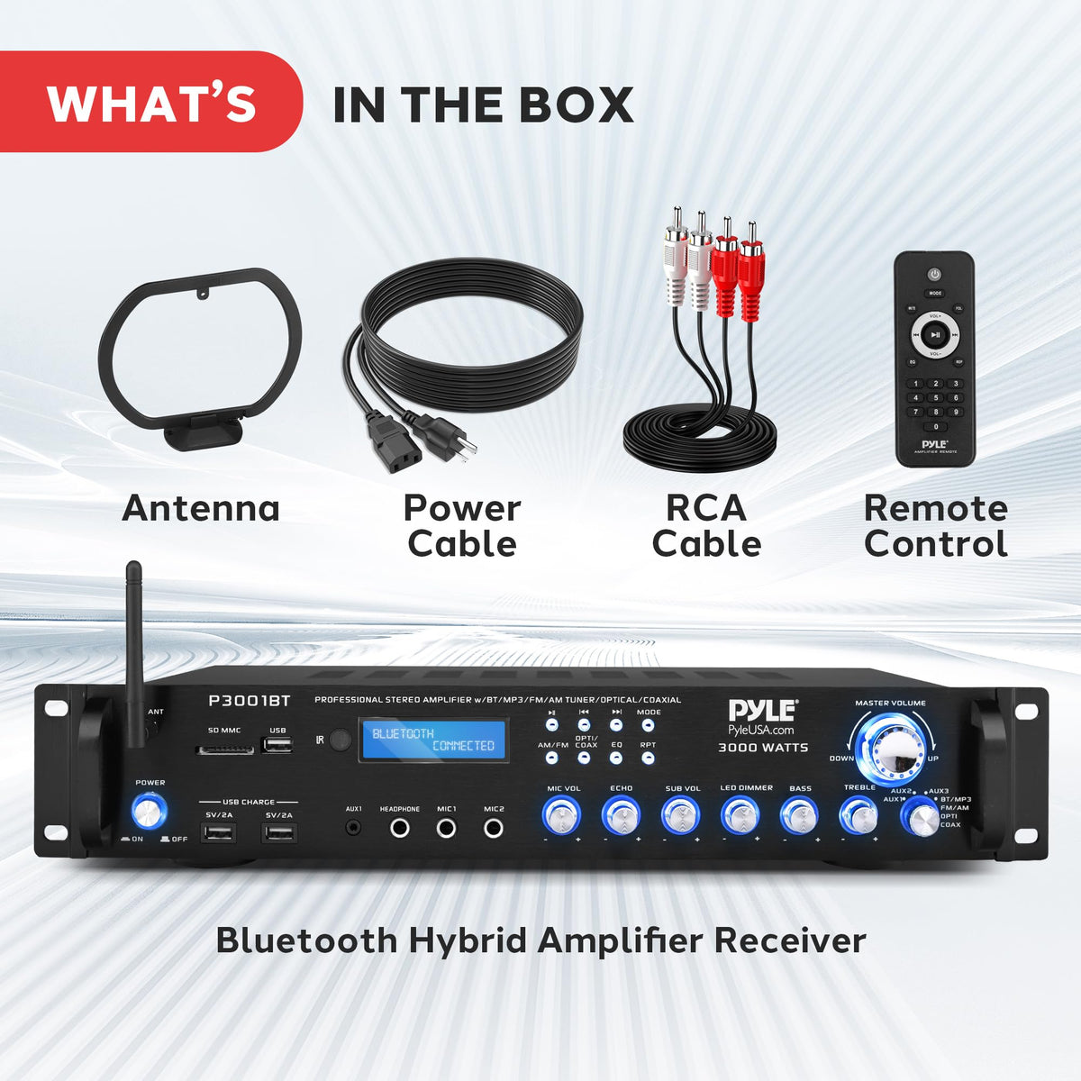 Pyle 3000W amplifier subwoofer output enhances bass with compatible systems.