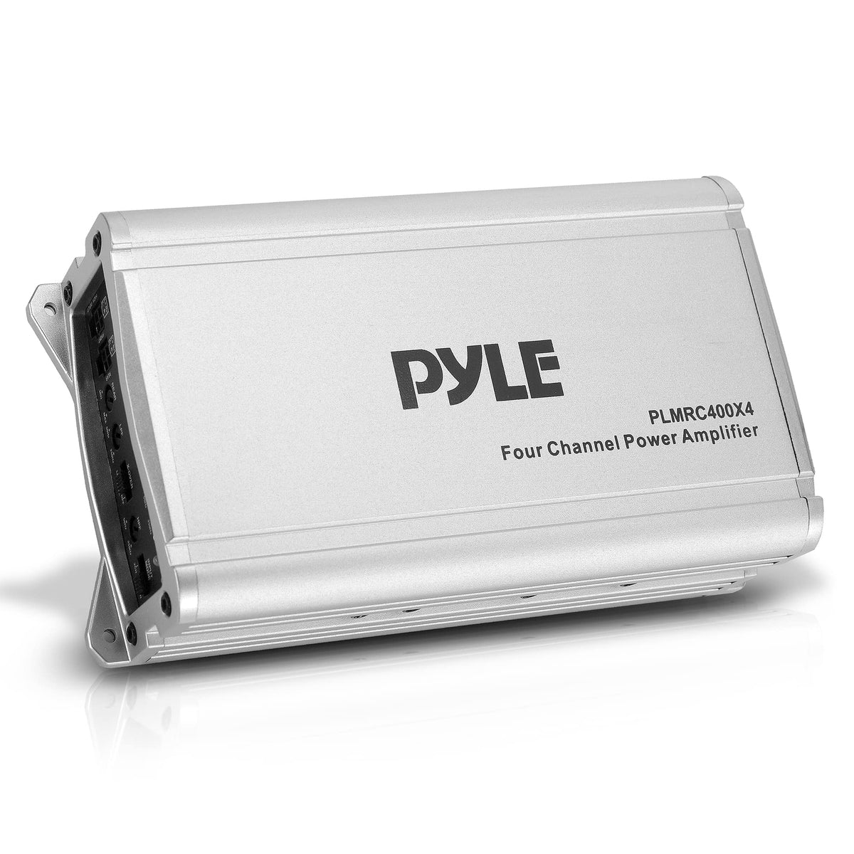 Pyle 4-channel weather-resistant amplifier front view, ideal for rugged vehicle audio upgrades.