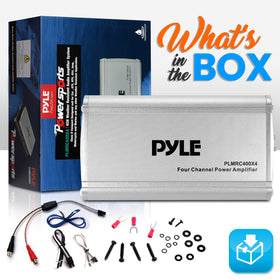 Pyle 4-channel weather-resistant amplifier top ports, easy wiring for clean installations.