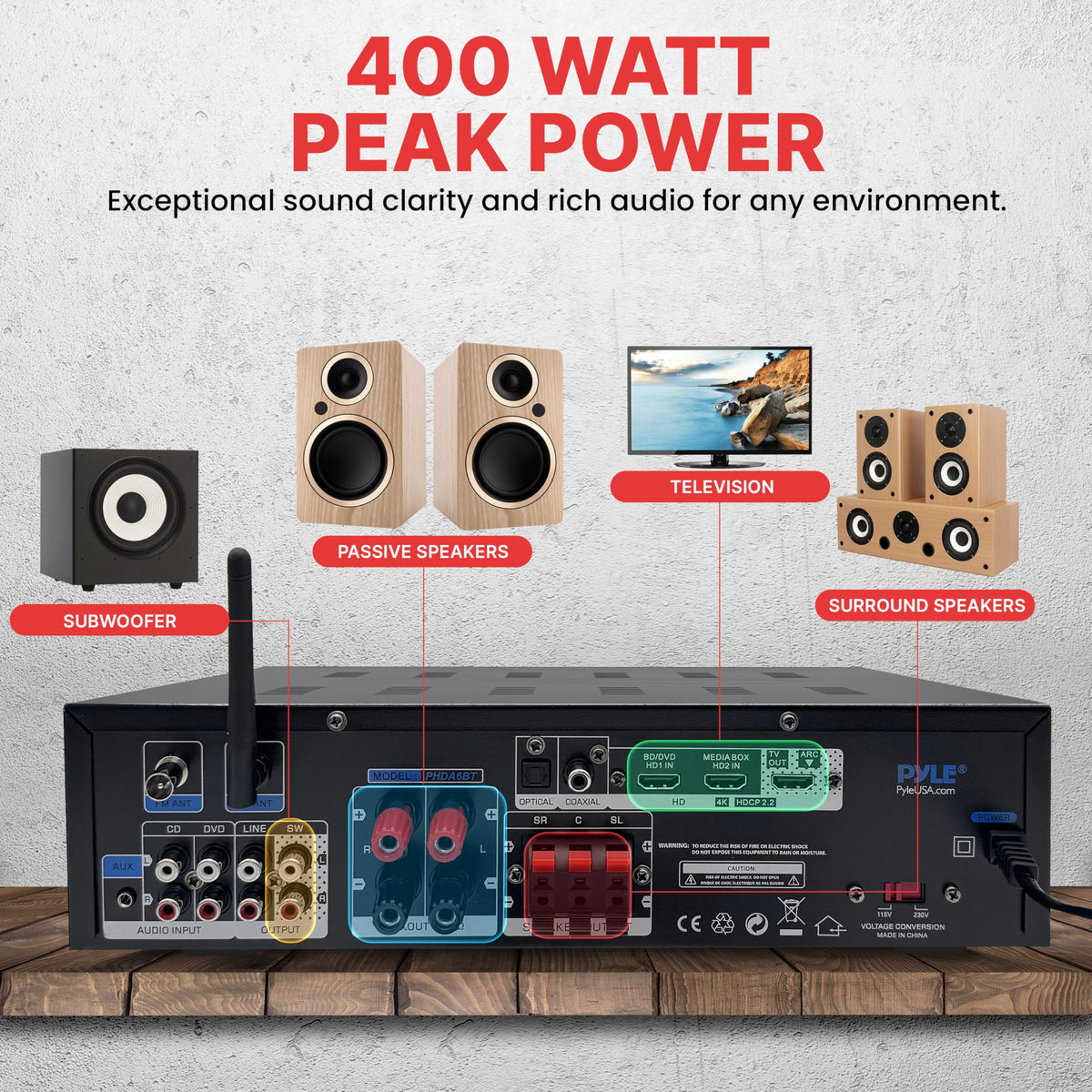 Pyle 400W amplifier Bluetooth USB AUX for flexible playback