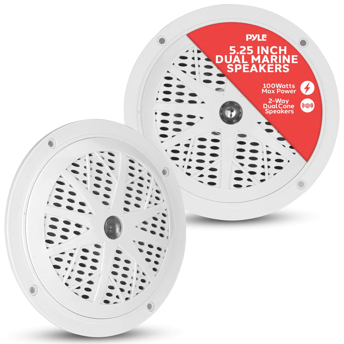 Pyle 5.25-inch dual marine speaker front view showing compact low-profile design for boats.