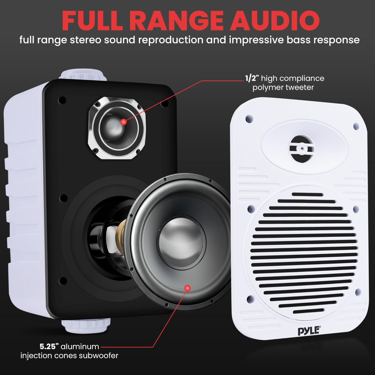 Pyle 500W outdoor speaker side view, ideal for deck or poolside installation
