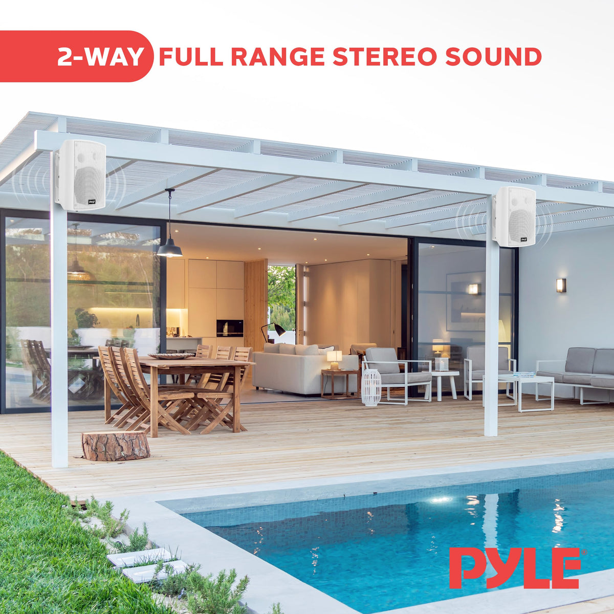 Pyle full-range stereo with deep bass and crisp highs.