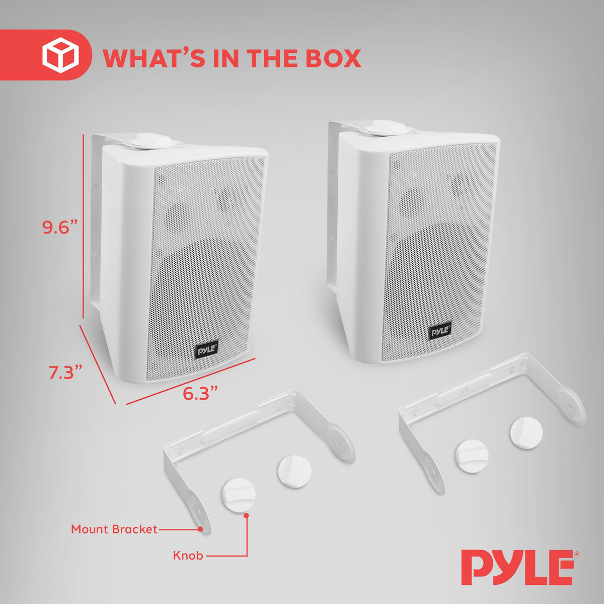 Pyle white pair mounted on a wall for patio ambiance.