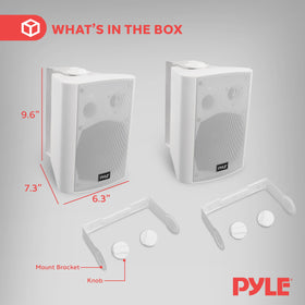 Pyle white pair mounted on a wall for patio ambiance.