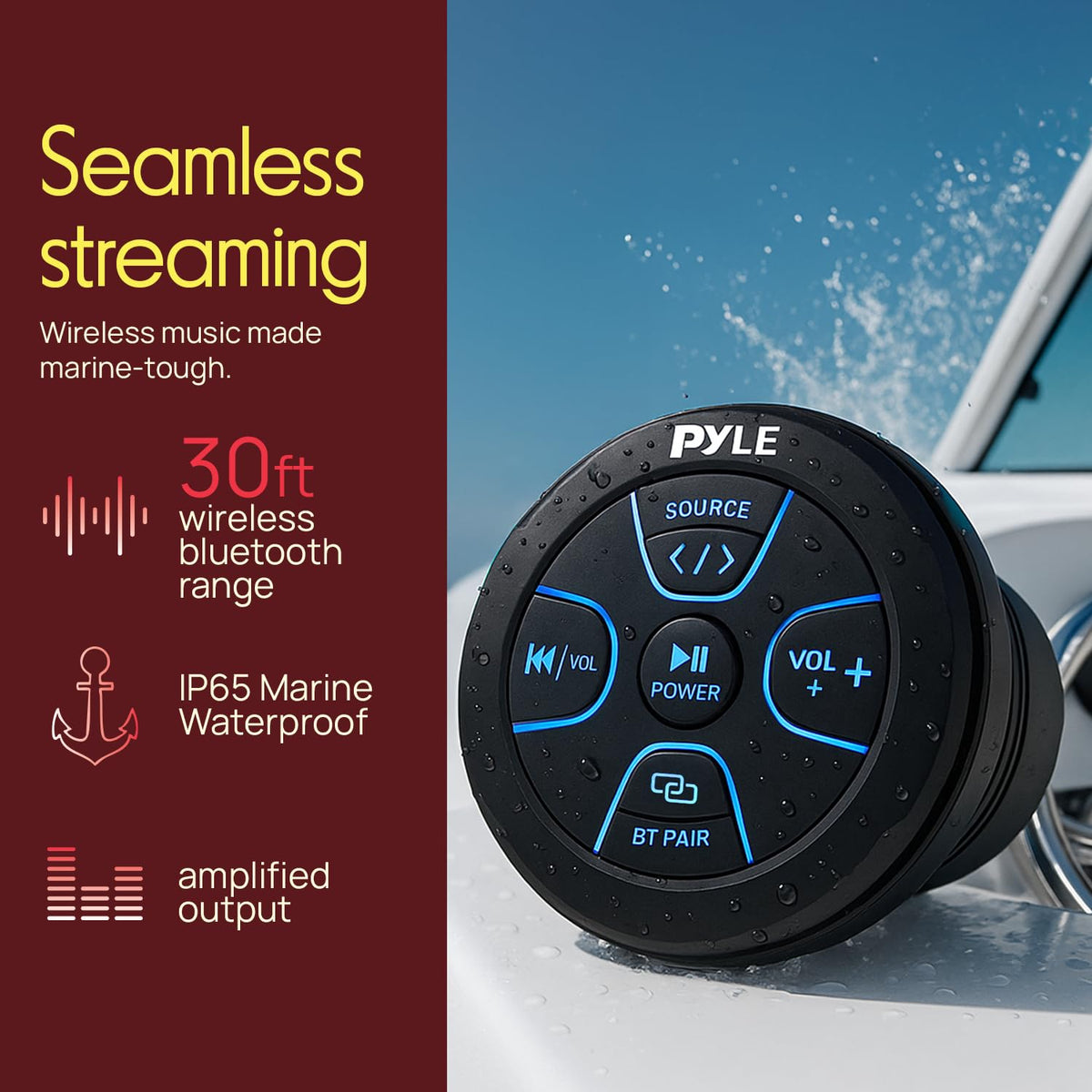 Pyle BT Audio Controller side profile showcasing water-resistant marine-grade construction for boats
