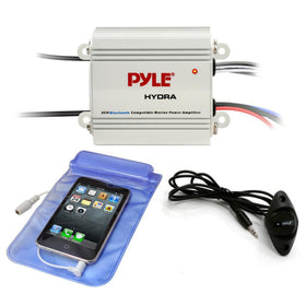Pyle amplifier front panel showing LEDs and compact design for dependable marine audio