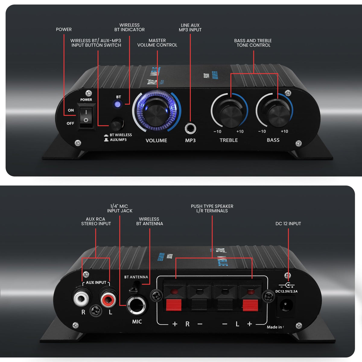 Pyle RCA and 3.5mm aux inputs highlighted for flexible device hookup