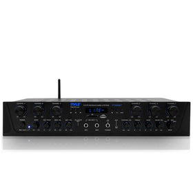 Pyle Bluetooth 6-channel amplifier front panel for quick volume and source control.