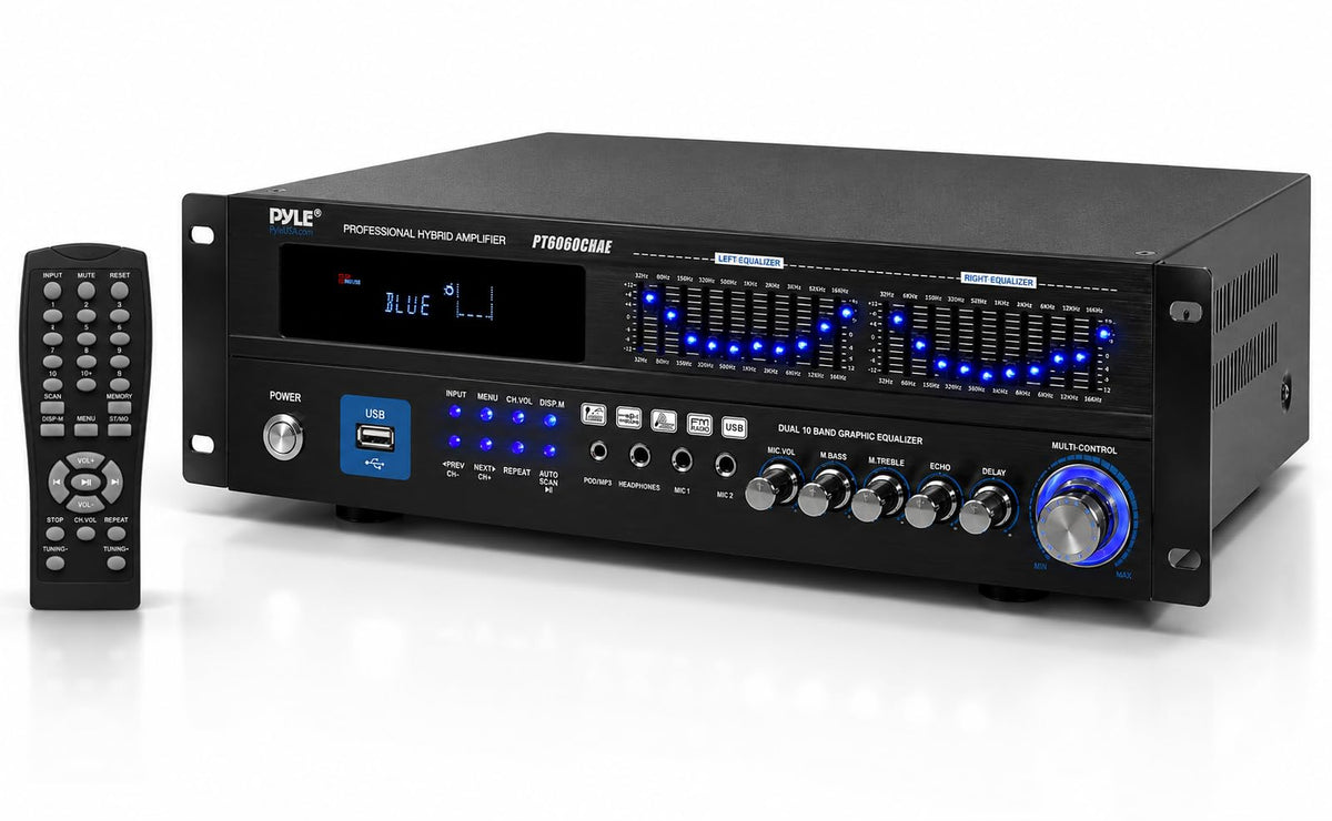 Pyle Bluetooth Hybrid Amplifier front panel with essential controls for quick setup