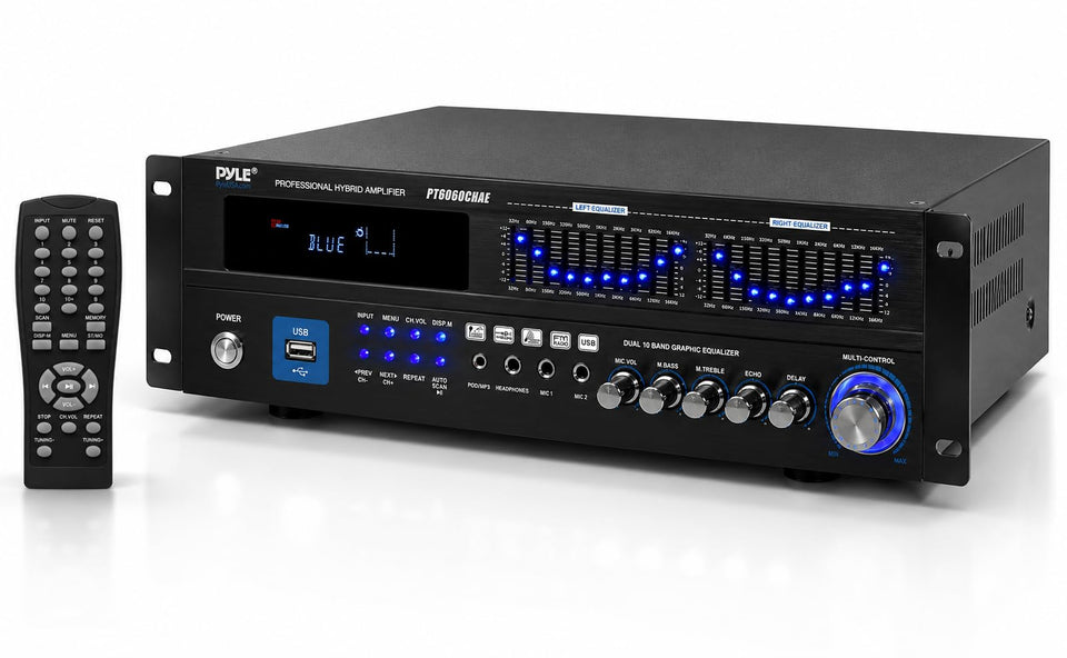 Pyle Bluetooth Hybrid Amplifier front panel with essential controls for quick setup
