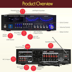 Pyle amplifier VFD display shows input and settings at a glance