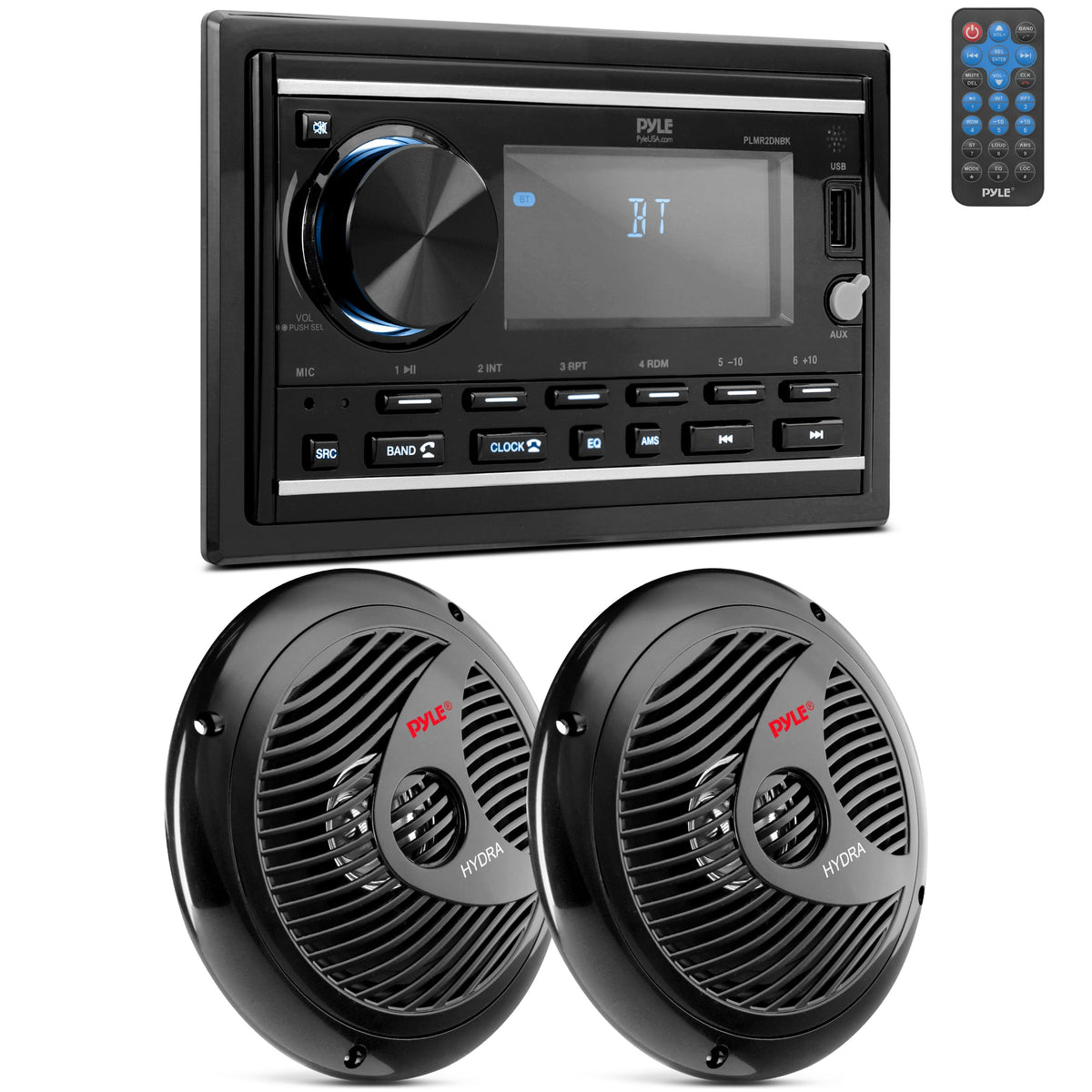 Pyle boat Bluetooth marine stereo receiver shown in cockpit setup for wireless music on the water