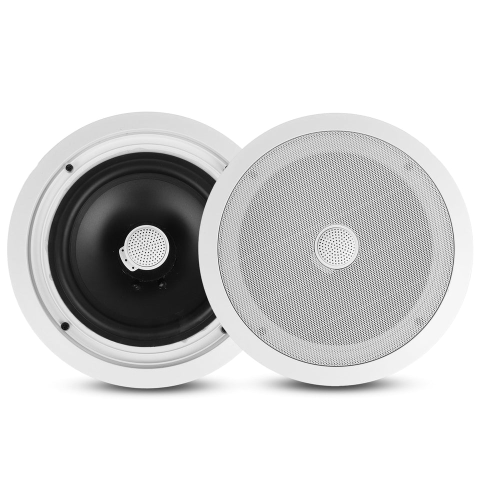 Pyle front view of in-ceiling speaker showing flush grille and tidy look, enhances room aesthetics