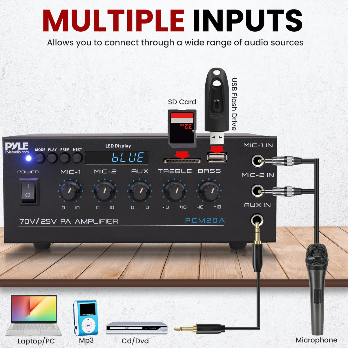 Pyle Compact Size amplifier fits neatly on a desk or shelf