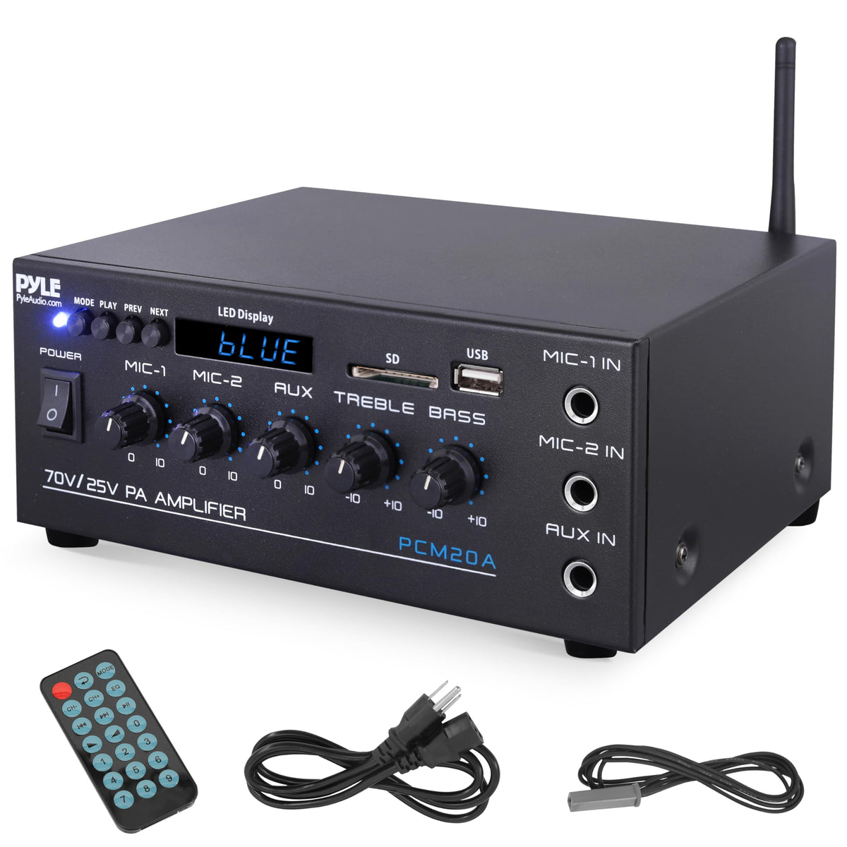 Pyle Compact Amplifier front panel controls for easy input and tone adjustment
