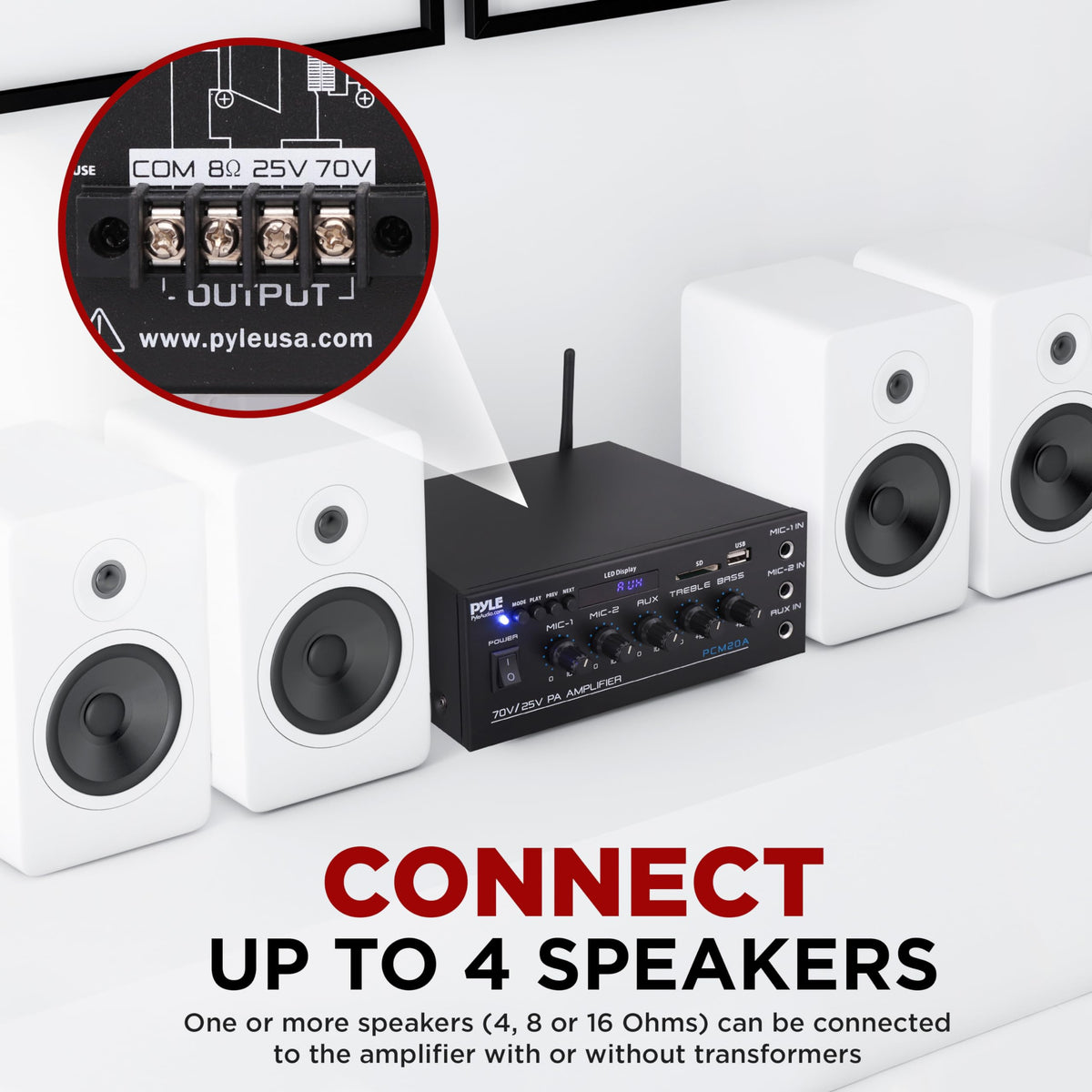 Pyle Compact Amplifier rear speaker terminals for multiple speaker setups