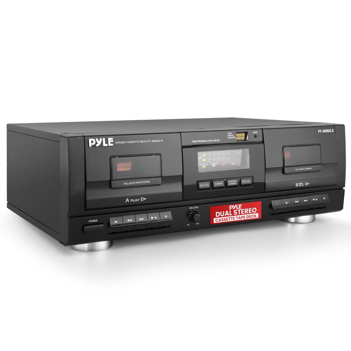 Pyle dual cassette deck front view for easy home playback and dubbing