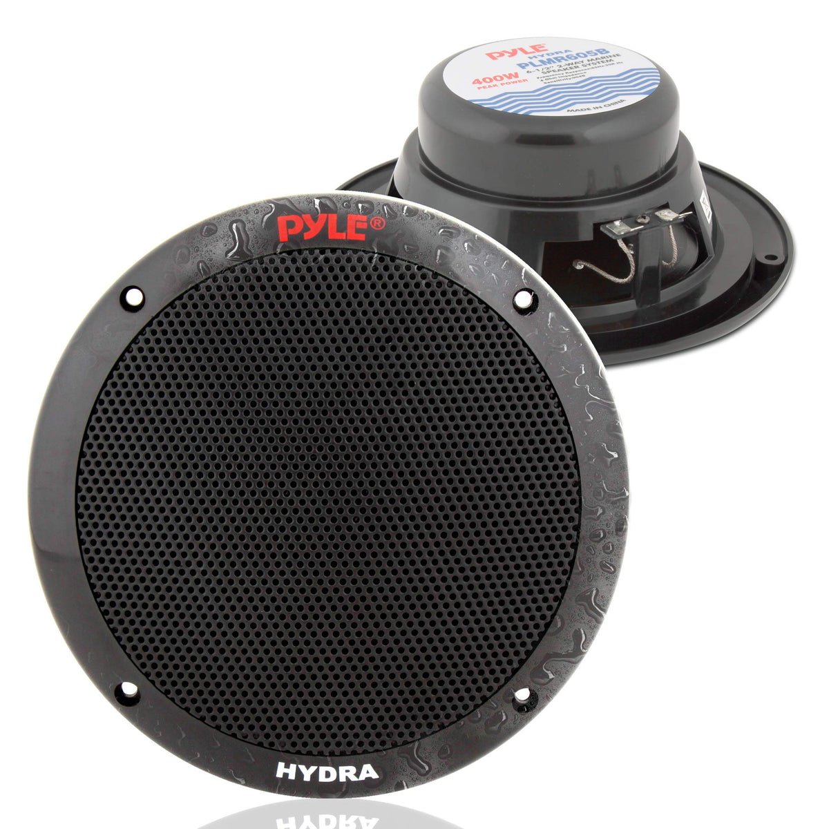 Pyle front view of 6.5-inch marine speaker showing durable grill and clear design benefits