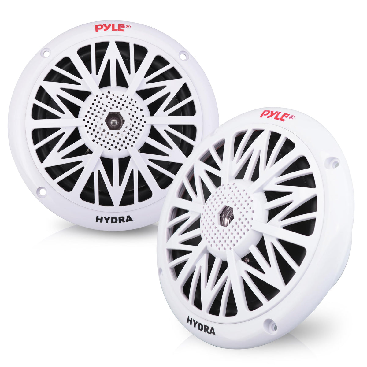 Pyle front view of speaker pair showing clean white grill and style benefit