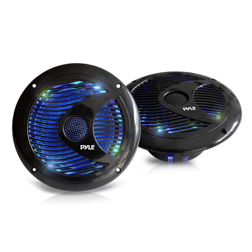 Pyle front view of PLMR6LEB speakers showing LED ring and benefit of visual effect