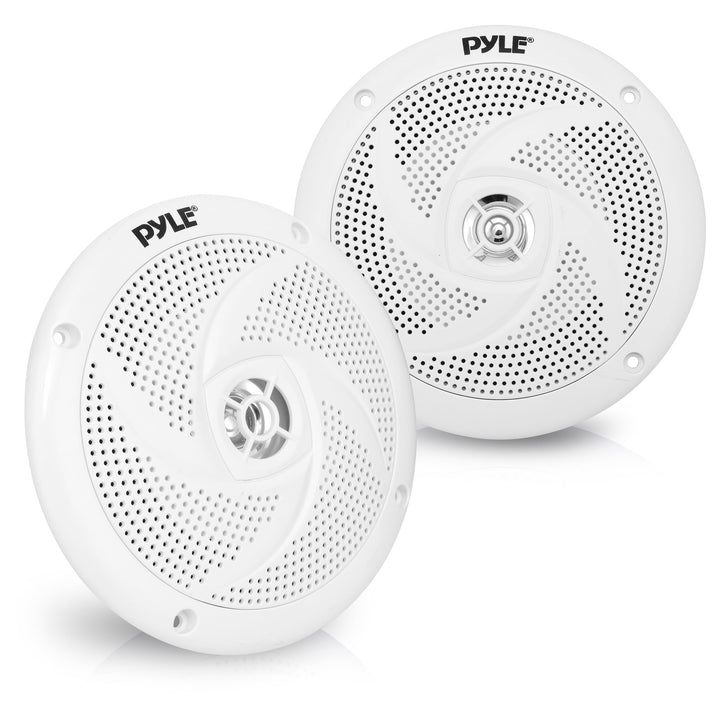 Pyle front view of speaker pair showing low-profile grille and clean white finish for discreet styling