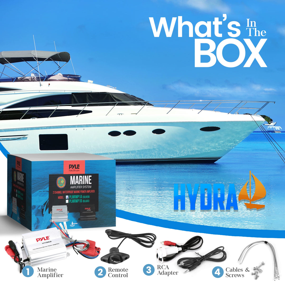Pyle Hydra beside a ruler illustrates compact size for flexible marine mounting