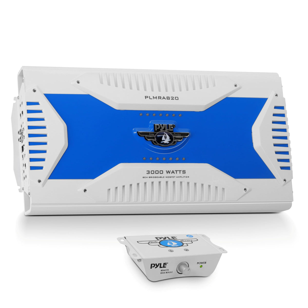 Pyle Hydra Marine Amplifier with an 8-channel bridgeable configuration for flexible speaker setups.