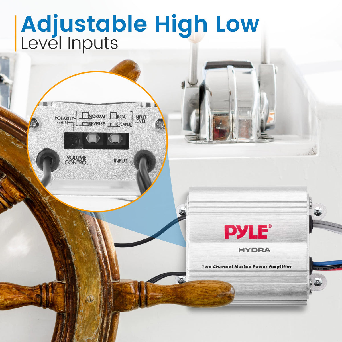 Pyle Hydra wired remote in hand for convenient volume control on deck