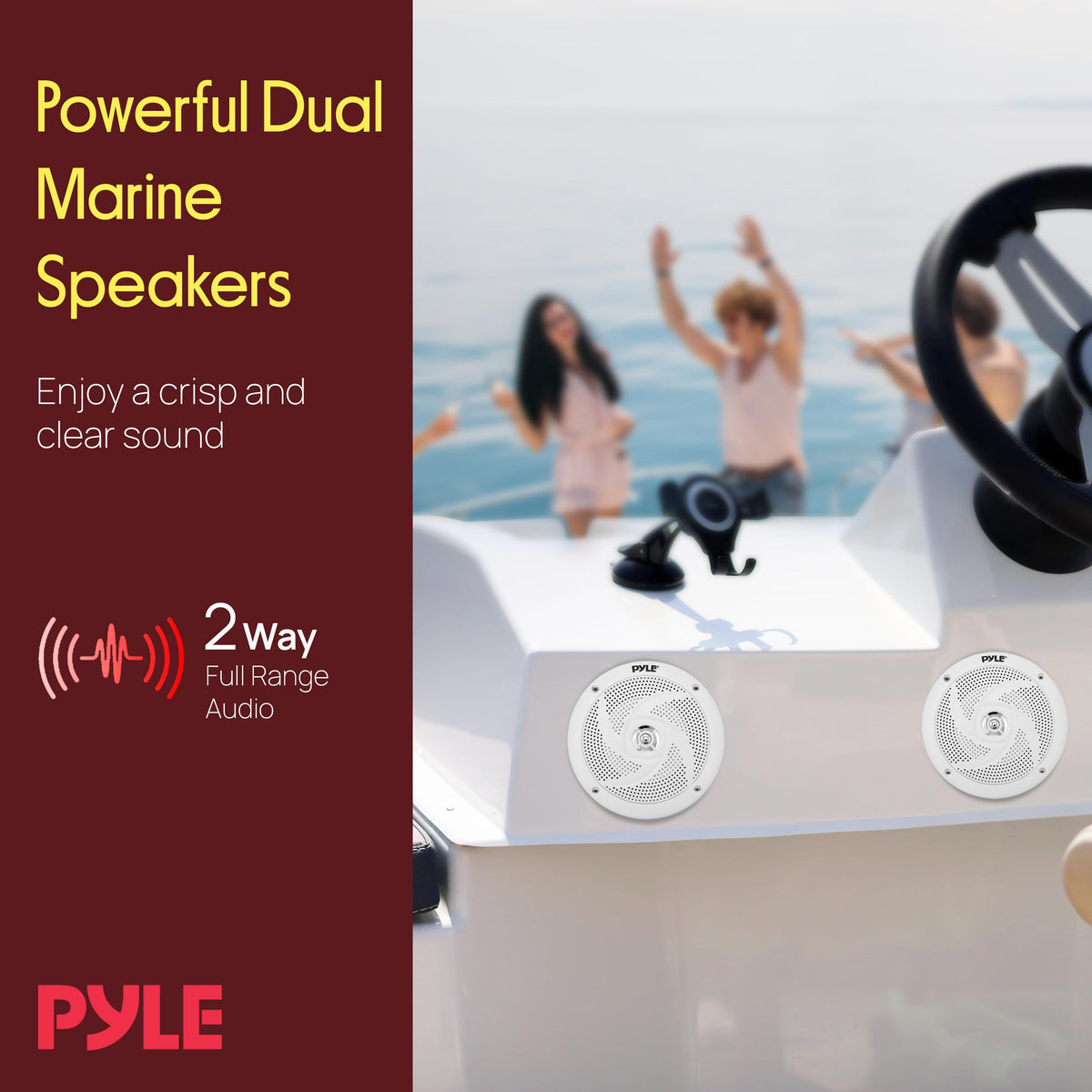 Pyle lifestyle deck scene with speakers on boat, demonstrating clear sound for outdoor gatherings