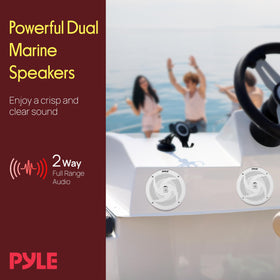 Pyle lifestyle deck scene with speakers on boat, demonstrating clear sound for outdoor gatherings