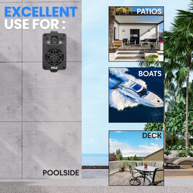 Pyle speakers poolside lifestyle showing weather resistance and enjoyable audio