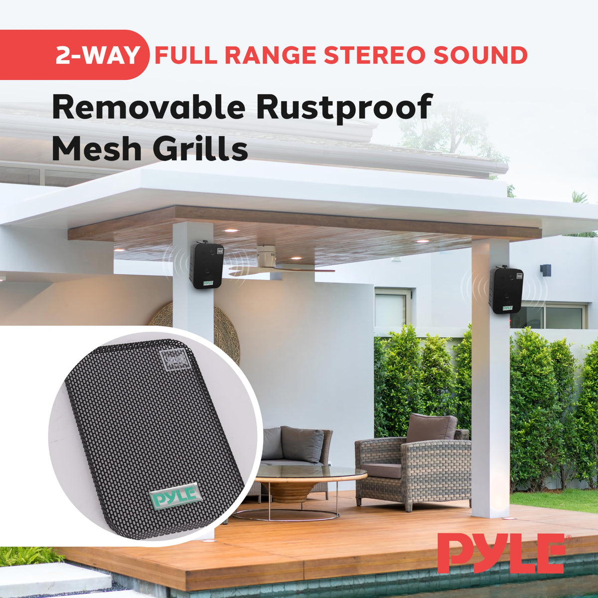 Pyle speakers by pool in lifestyle setting showing reliable outdoor sound and water resistance