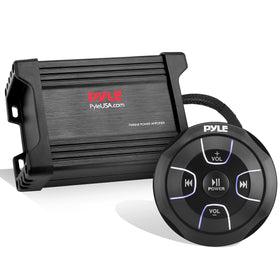 Pyle marine amplifier front panel showing controls and durable finish for outdoor audio