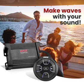 Pyle amplifier mounted on a boat rail showing weatherproof performance on watercraft