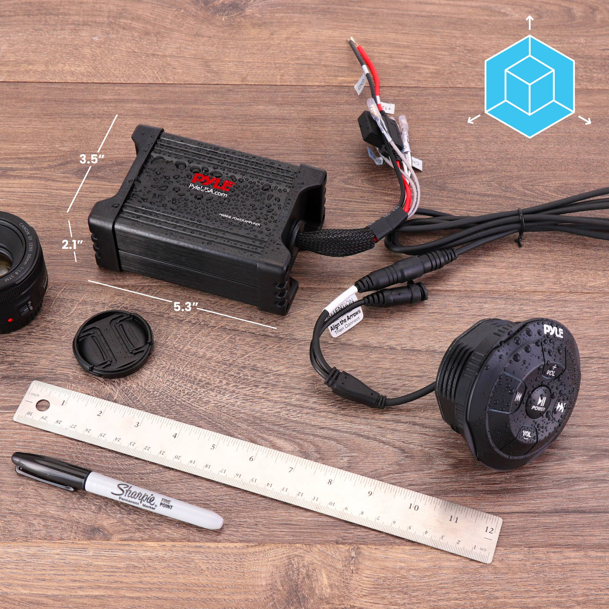 Pyle product box with included RCA-to-AUX cable and mounting accessories for quick setup