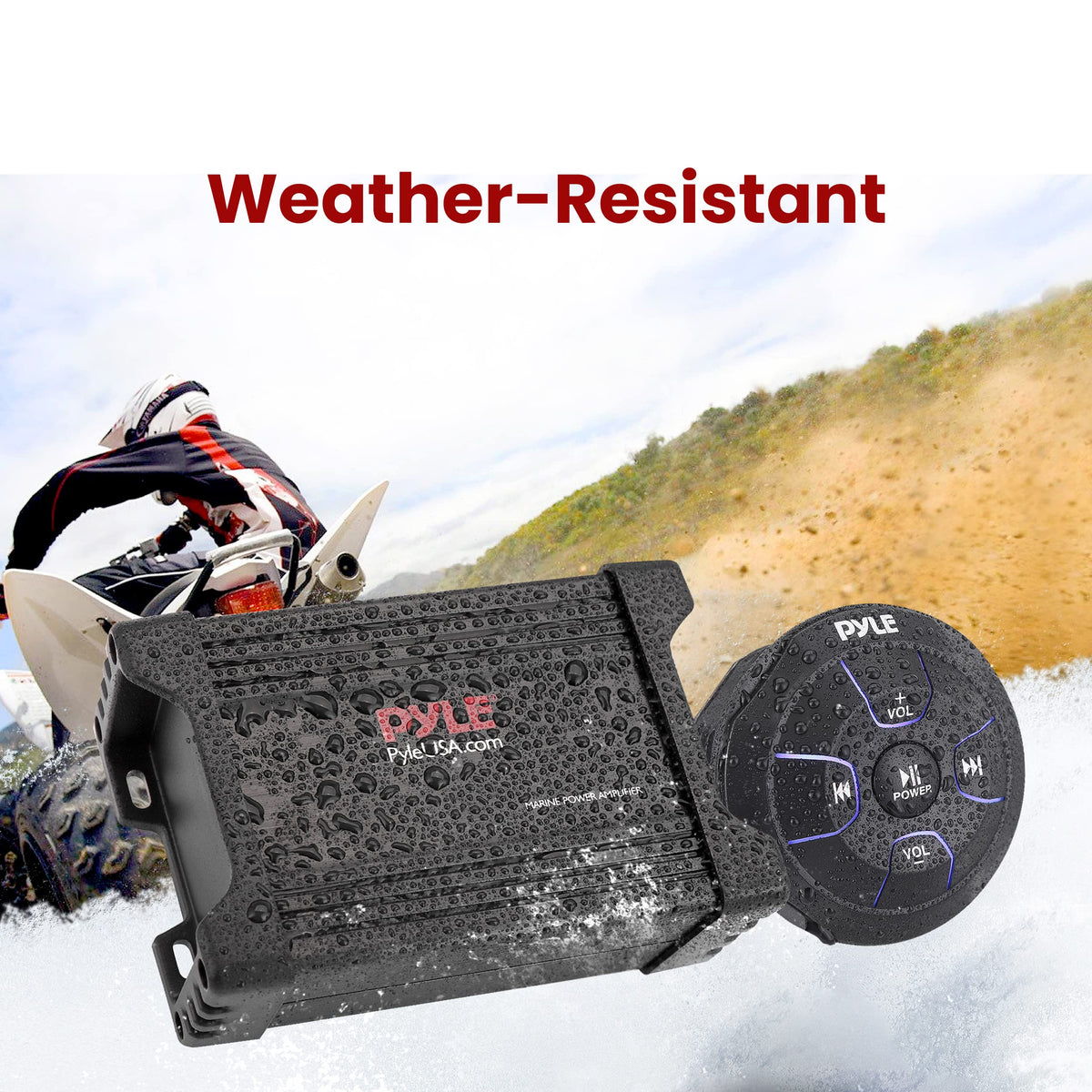 Pyle compact amp next to a hand showing scale and easy mounting advantage