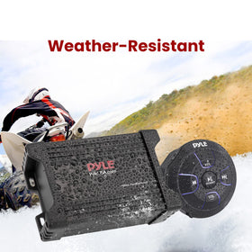 Pyle compact amp next to a hand showing scale and easy mounting advantage