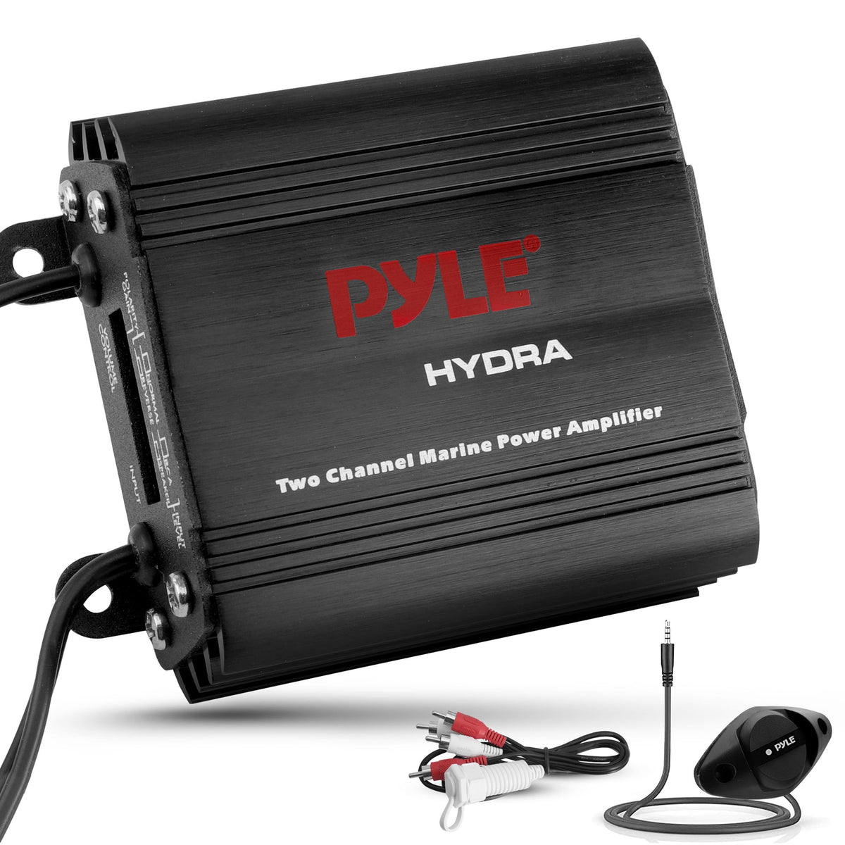 Pyle marine amplifier front view showing compact black casing and LED status, durable and marine-ready